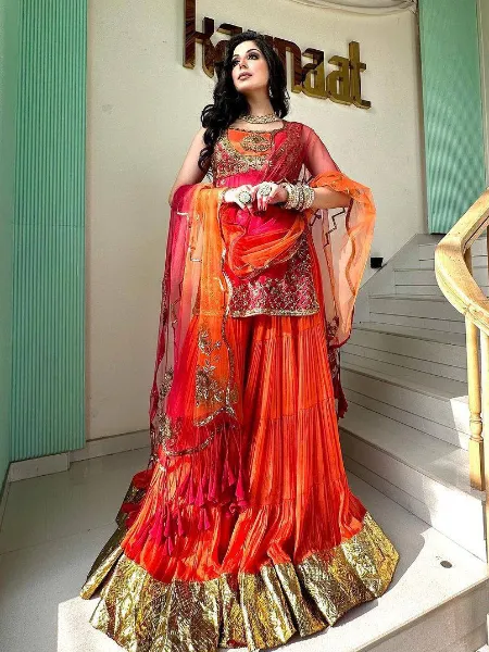 Orange and Pink Sharara Suit in Georgette With Embroidery Work Sharara Set