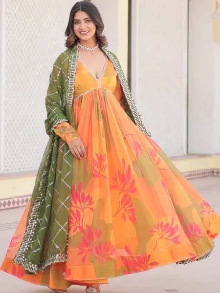 Orange Designer Gown in Russian Silk With Digital Print and Embroidery Dupatta