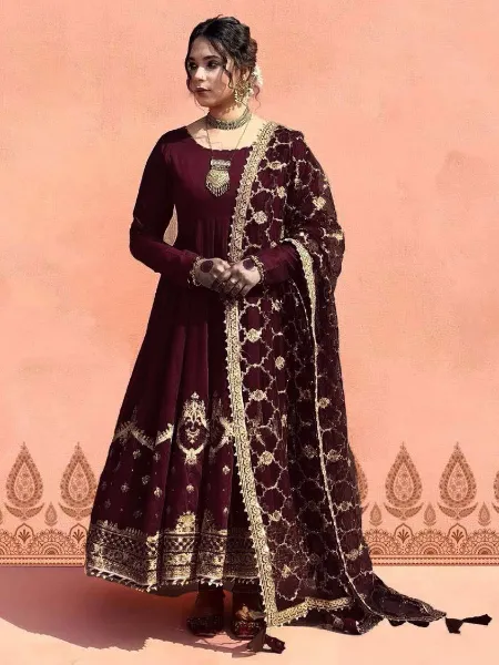 Yellow Gown & Pant Set with Sequence Embroidery and Lace Border Dupatta main image 0