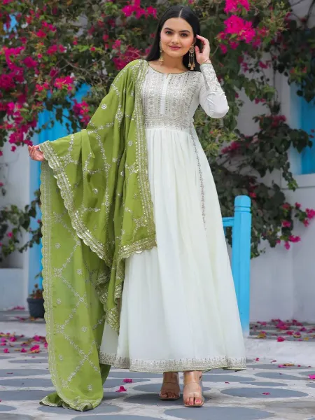 White Chinon Salwar Suit With Pant and Green Dupatta With Sequence