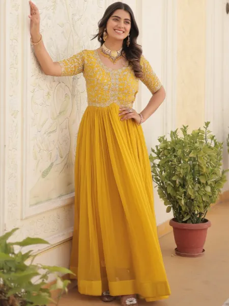 Yellow Haldi Ceremony Gown in Georgette With Sequence and Zari