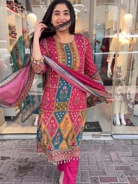 Pink Designer Suit in Georgette With Print and Real Mirror Work