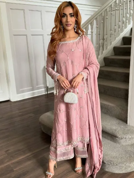 Light Pink Designer Salwar Suit in Chinon With Embroidery Work and