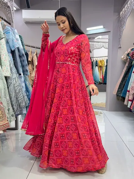 Rani Pink Color Bandhani Print Gown in Georgette With Dupatta in