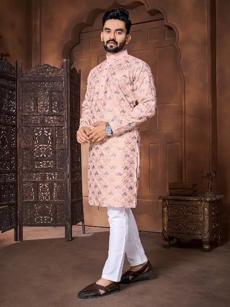 Men's Kurta Pajama Set in Light Pink Color Italian Silk With