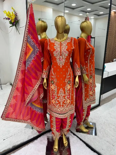 Orange Punjabi Patiyala Suit in Chinon With Dhoti and Sequence