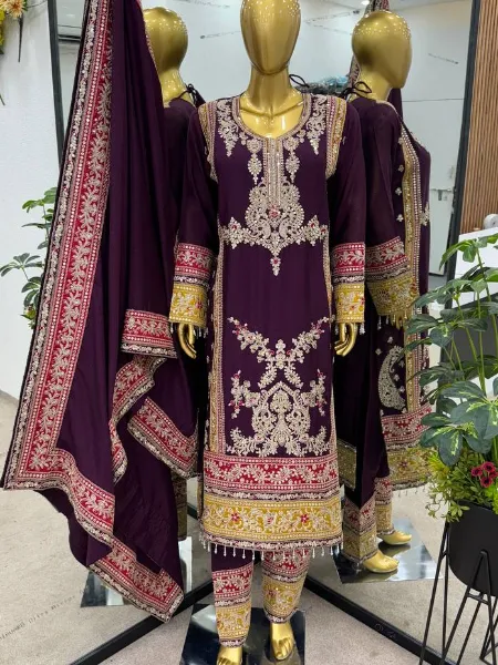 Stylish & Elegant Wine Georgette Chinon 3-Piece Set with Front & Back Embroidery and Net Dupatta main image 1