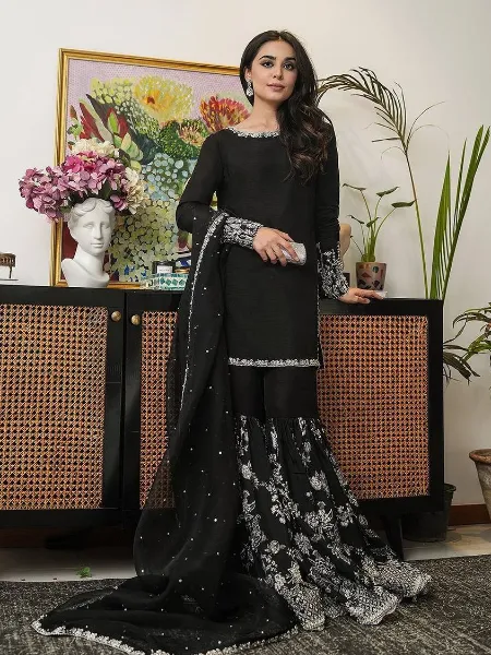 Black Color Designer Sharara Suit in Georgette With Sequence