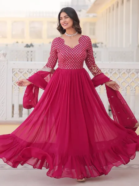 Pink Color Sequence Gown in Georgette With Embroidery and Frill