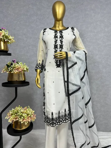 White Kurti Pant Set in Georgette With Black Thread Embroidery and