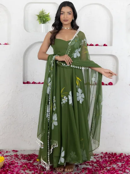 Mehendi Dress in Georgette With Floral Print and Dupatta Readymade