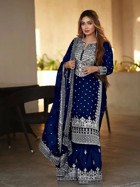 Royal Blue Color Designer Top Gharara Suit in Georgette With