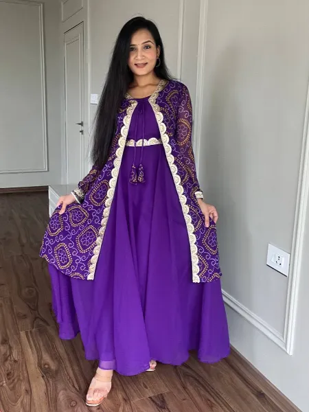 Purple Color Gown With Shrug in Georgette With Print and