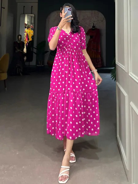 Stylish Polka Dot Western Dress in Pink Georgette With Fancy Style