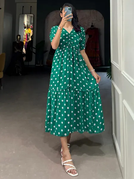 Stylish Polka Dot Western Dress in Green Georgette With Fancy