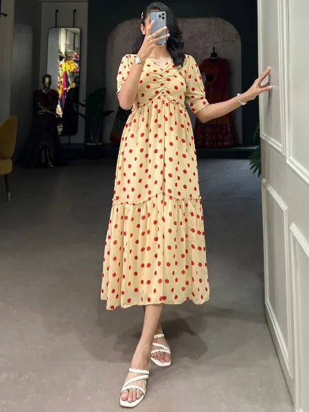 Stylish Polka Dot Western Dress in Cream Georgette With Fancy Style