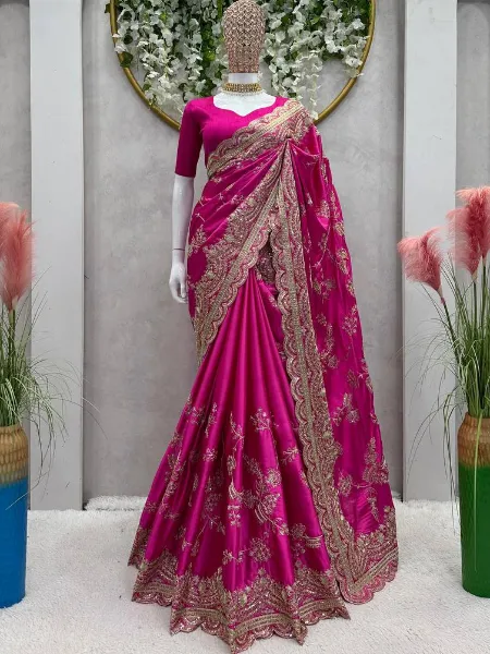 Pink Saree for Wedding in Japan Satin With Heavy Embroidery and