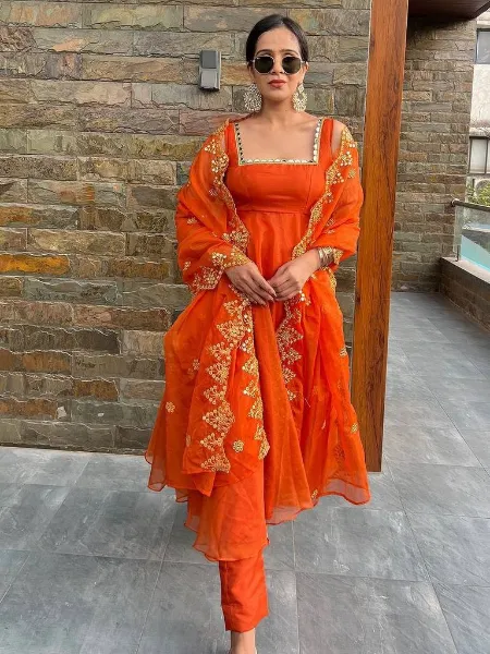 Orange Color Gown With Dupatta in Georgette With Embroidery and