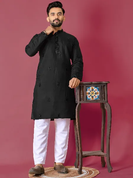 Black Color Men's Kurta Pajama Set in Roman Silk With Val Moti