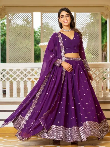 Purple Color Sequence Lehenga Choli in Georgette for Engagement