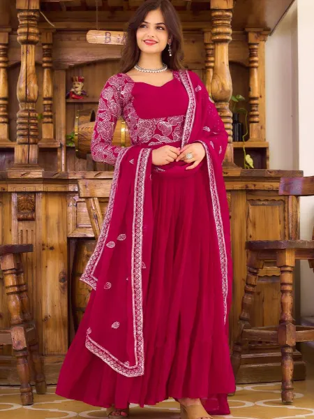 Pink Designer Looking Semi-Stitched Gown With Dupatta In Embroidery Work main image 0