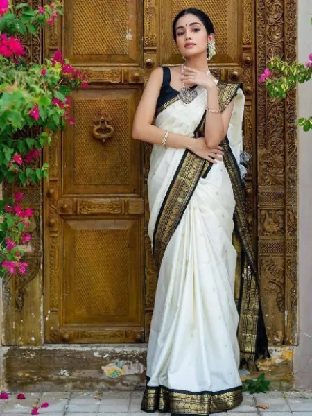 Banarasi Saree White And Gold Bridal Saree Soft Silk Off White