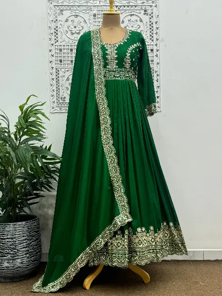 green emerald velvet dress anjubaa Salwar Kameez Green Net Satin