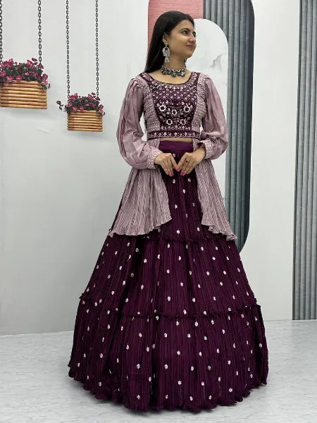 Rakhi Special Crop Top Lehenga Choli in Wine With Khatali Handwork