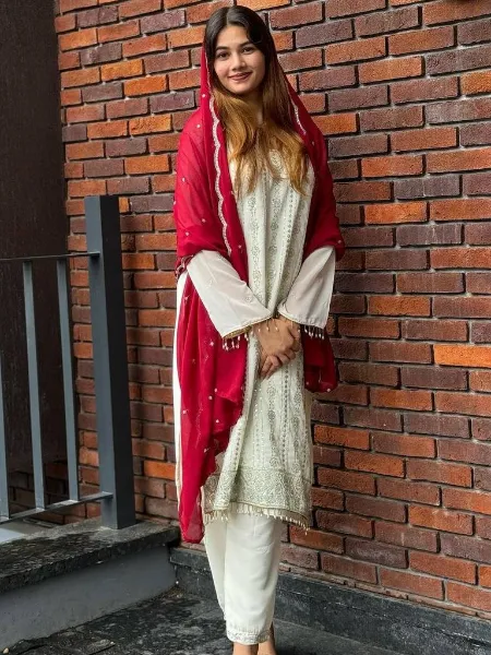 Heavy Dupatta Design Red Suit Combination Dupatta Off White Cotton
