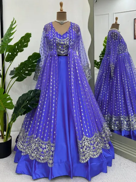 Blue Lehenga in Satin With Net Choli and Sequence Embroidery Haldi