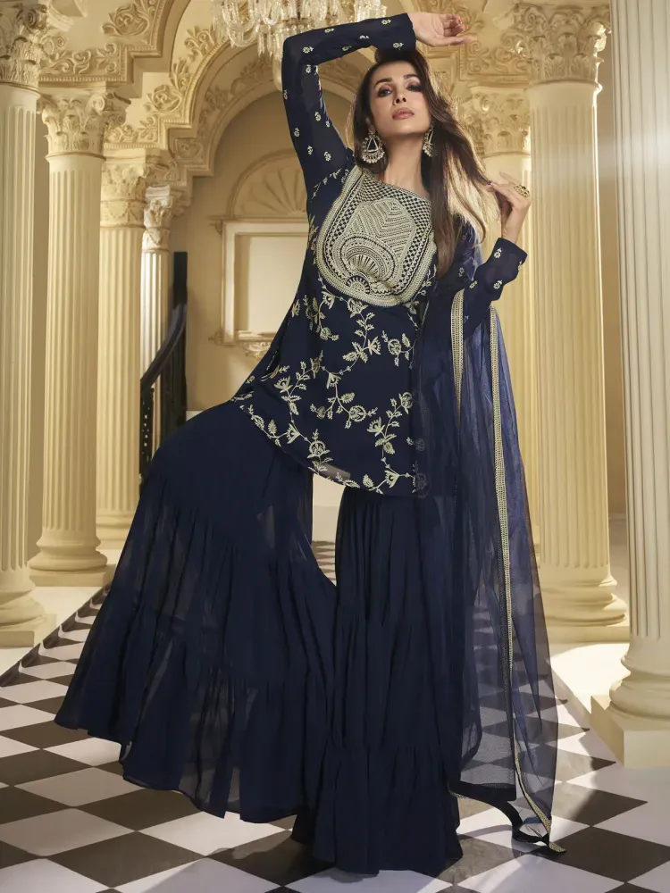 Malaika Arora Sharara Suit in Blue Georgette With Sequence