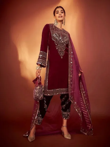 Pooja Hegde Wine Velvet Dress With Beautiful Embroidery and Real