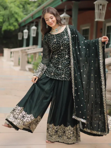 Black Kurti Palazzo Pair With Dupatta in Rangoli Silk With Print