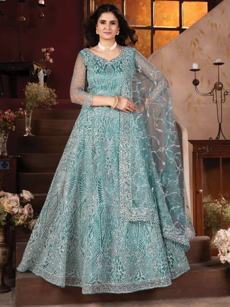 Heavy Wedding Lehenga With Zarkan Work and Glitter Sequence in Sky Heavy Net