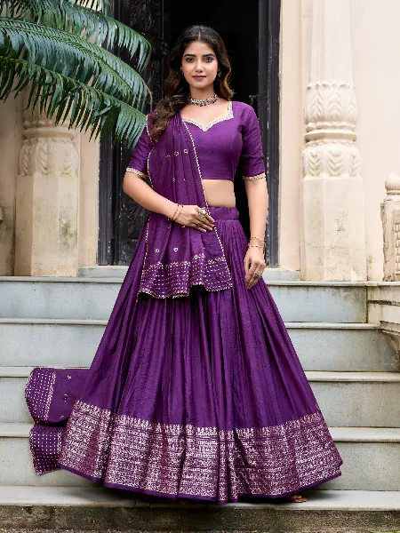 Purple Pure Chanderi Lehenga Choli With Intricate Zari Work Border