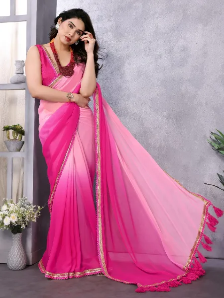 Baby Pink Pading Georgette Partywear Saree With Cording Lace Big