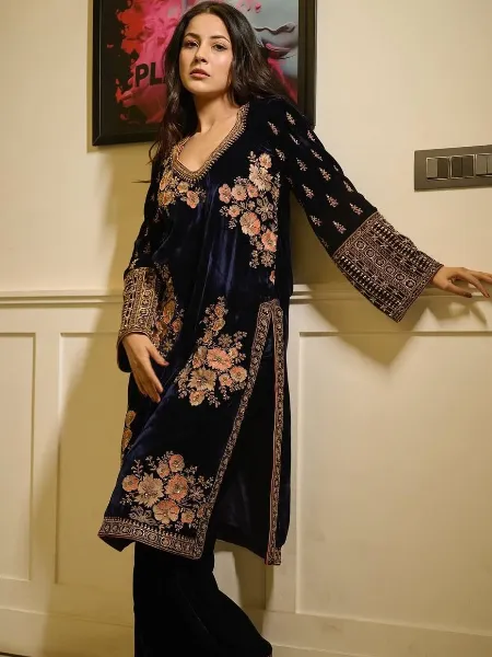 Shehnaaz Gill Velvet Dress With Embroidery and Sequence Work With