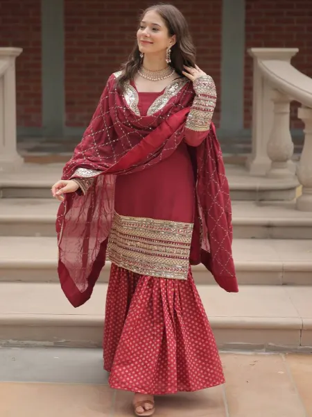 Maroon Kurti Sharara With Dupatta in Georgette With Sequence