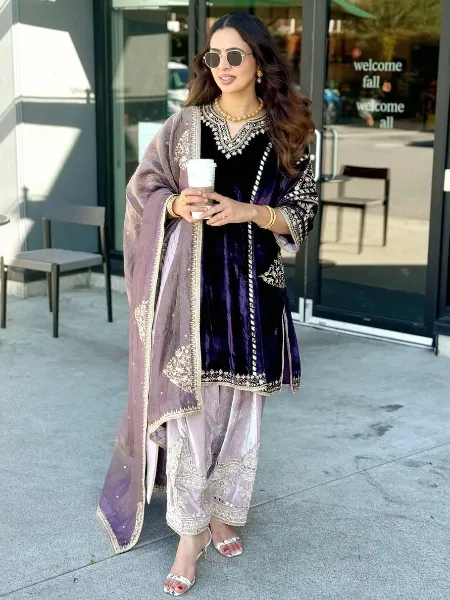 Purple Color Velvet Dress With Beautiful Sequence Embroidery Work