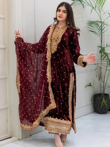 Maroon Velvet Suit for Winter With Heavy Sequence Embroidery