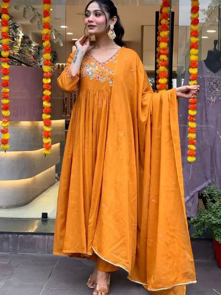 Embroidery Mustard Yellow Colour Dress Mustard Color Party Wear