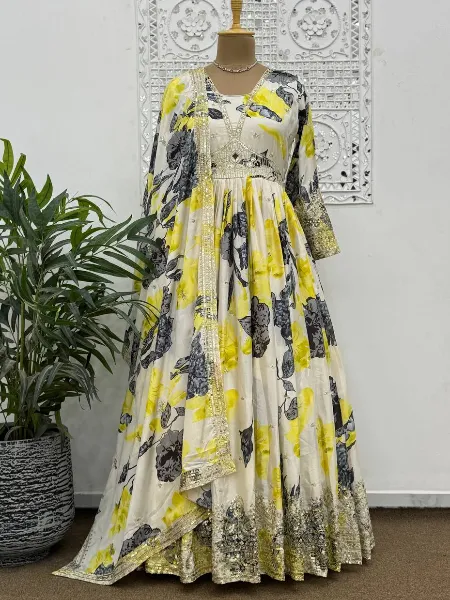 Yellow Designer Gown in Chinon With Sequence Embroidery and Floral