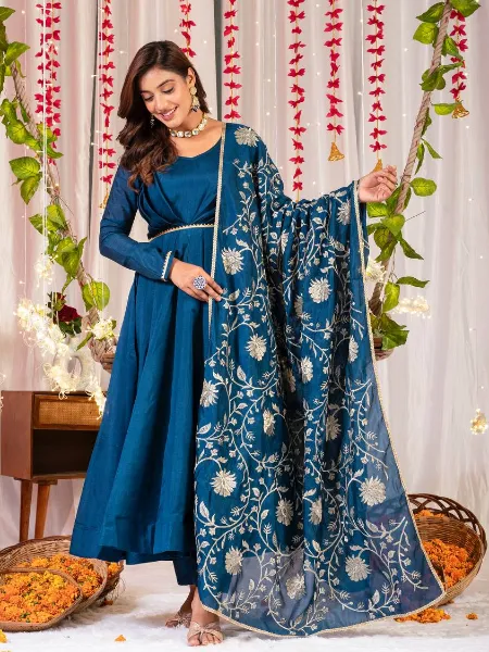 Blue Fancy Anarkali Dress With Sequence and Embroidery Work With