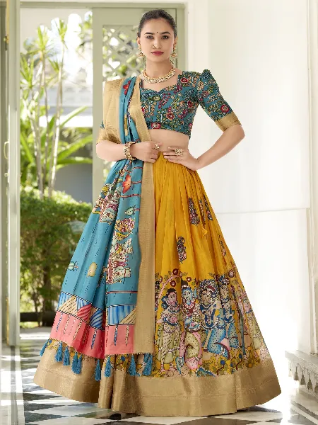 Yellow Lehenga Choli in Dola Silk With Kalamkari Print and Weaving Border