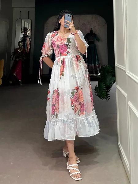 White Color Western Dress with Fancy Sleeve in Georgette With