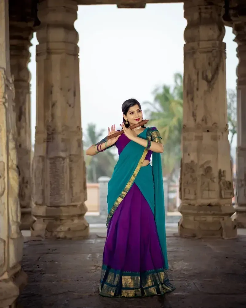 Purple Half Saree Lehenga in Kanjivaram Silk South Indian Pavadai Thavani  in USA, UK, Malaysia, South Africa, Dubai, Singapore