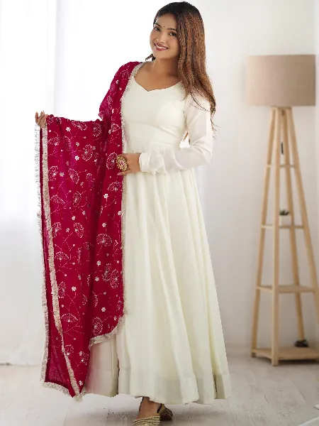 White Anarkali With Pink Dupatta in Pure Soft Vichitra Silk With