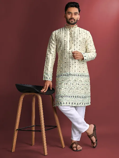 Off White Wedding Mens Kurta Pajama in Jacquard With Heavy