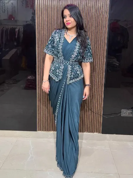 Blue Pre Draped Ready to Wear Saree With Heavy Sequence Koti and