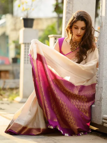 Cream South Indian Saree in Mysore Silk With Weaving Work